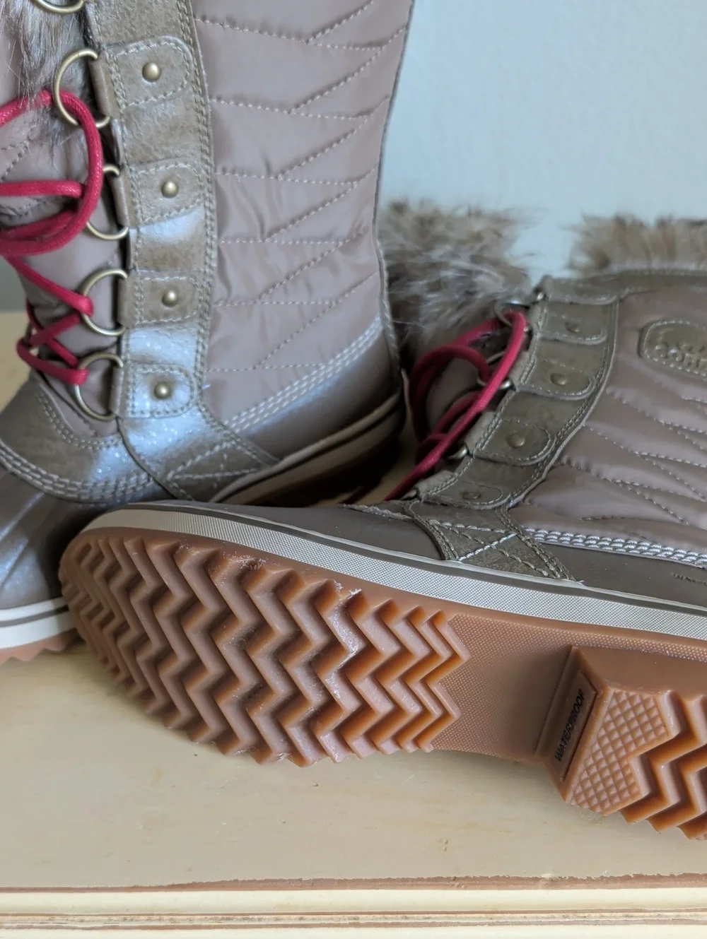 Sorel Taupe Winter Boots with Pink Laces and Faux Fur Cuff